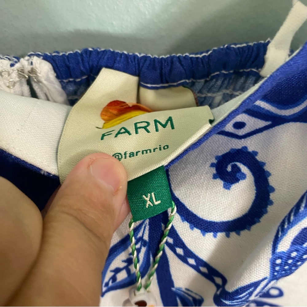 FARM Rio Shell Garden Off White Sleeveless Midi Dress White Blue Floral Linen XL - Picture 5 of 7